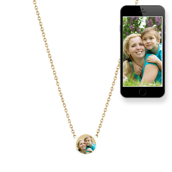 Petite Round Photo Engraved Necklace w/ 18" Chain