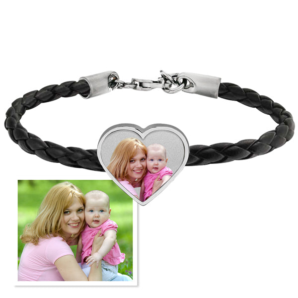 Photo Engraved Leather Rope Bracelet w/ Stainless Steel Heart Charm