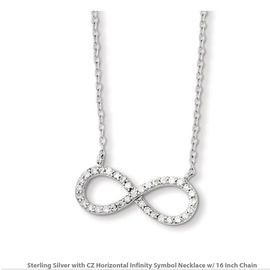 Sterling Silver with CZ Horizontal Infinity Symbol Necklace w/ 16 Inch Chain