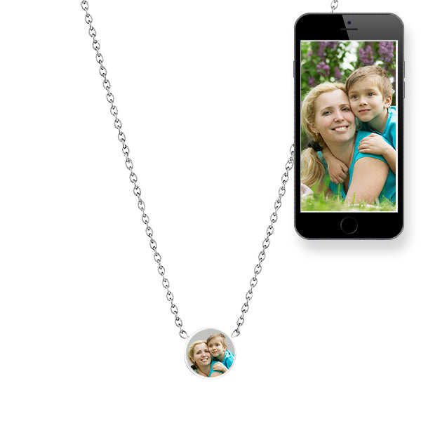 Petite Round Photo Engraved Necklace w/ 18" Chain