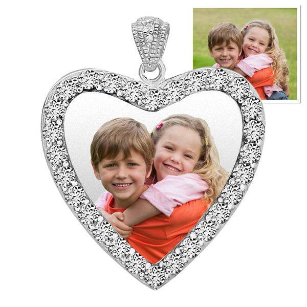 Sterling Silver & CZ Premium Heart Photo Pendant